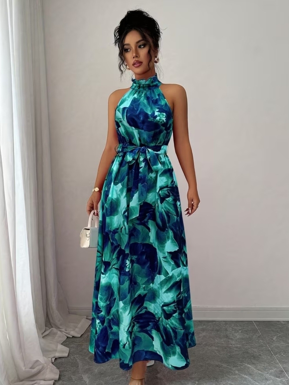 Sleeveless Teal & Navy Halter Maxi Dress